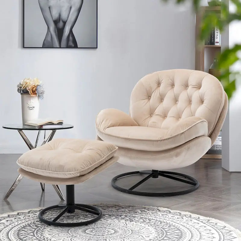 Beige Velvet Swivel Accent Chair No Armrest Modern Style