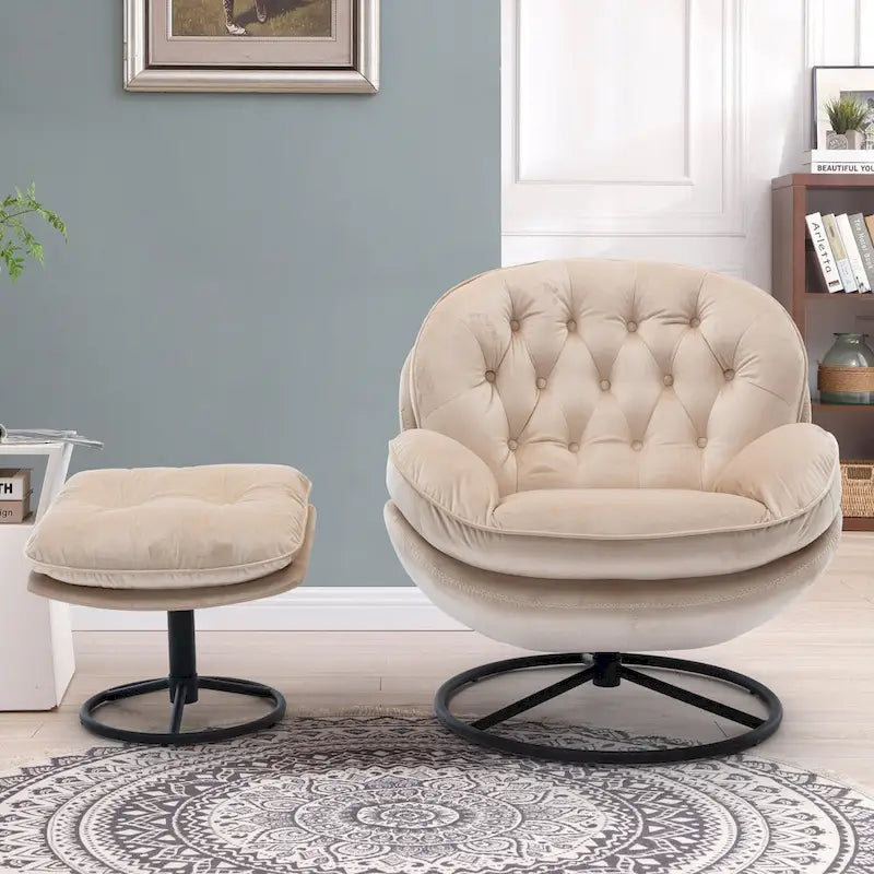 Beige Velvet Swivel Accent Chair No Armrest Modern Style