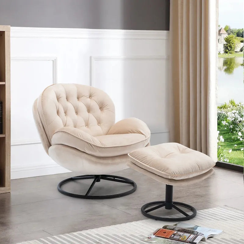 Beige Velvet Swivel Accent Chair No Armrest Modern Style