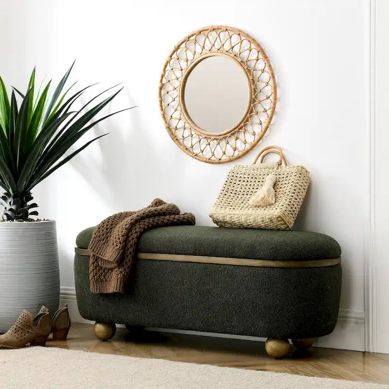 Dark Green Upholstered Storage Ottoman Bench with Boucle Fabric and Wood Legs