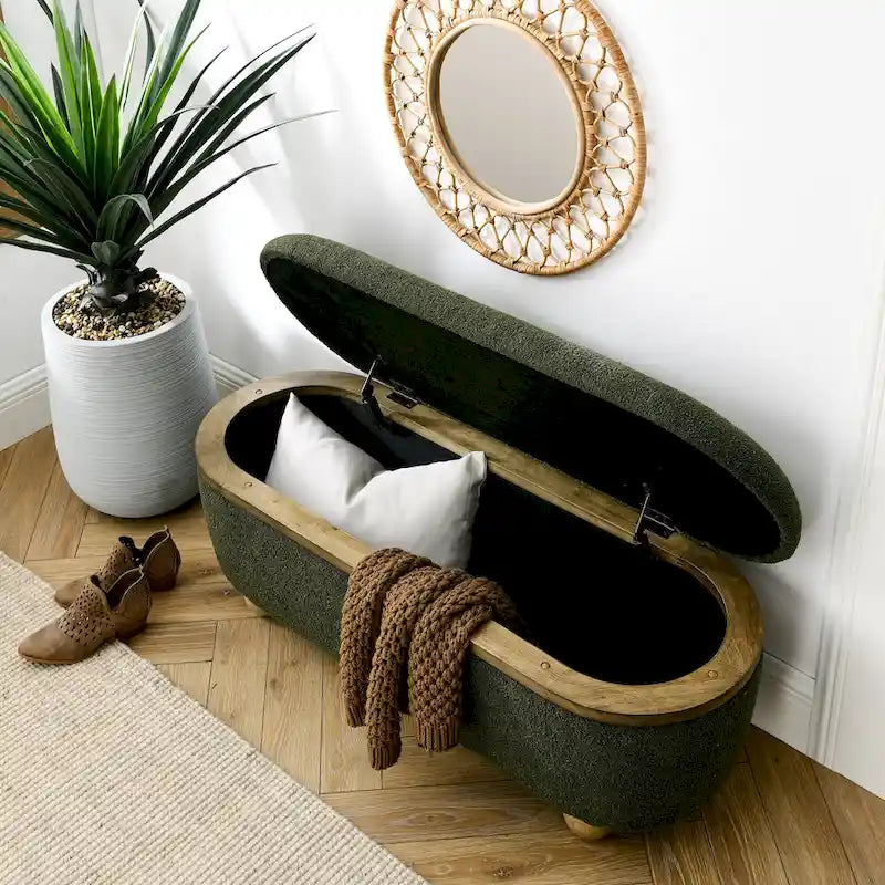 Dark Green Upholstered Storage Ottoman Bench with Boucle Fabric and Wood Legs