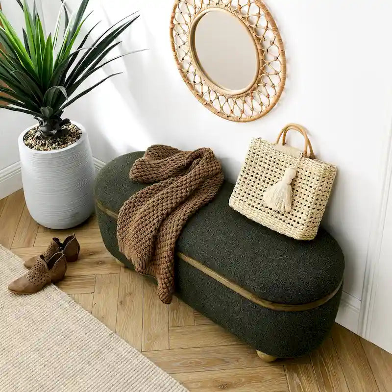Dark Green Upholstered Storage Ottoman Bench with Boucle Fabric and Wood Legs