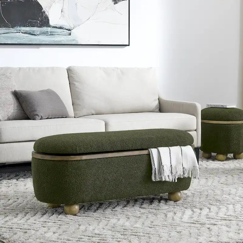 Dark Green Upholstered Storage Ottoman Bench with Boucle Fabric and Wood Legs