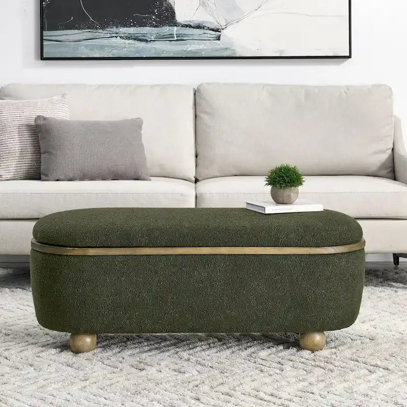 Dark Green Upholstered Storage Ottoman Bench with Boucle Fabric and Wood Legs