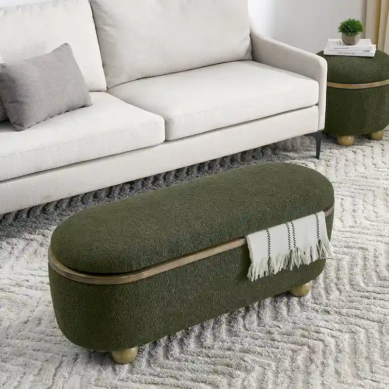 Dark Green Upholstered Storage Ottoman Bench with Boucle Fabric and Wood Legs