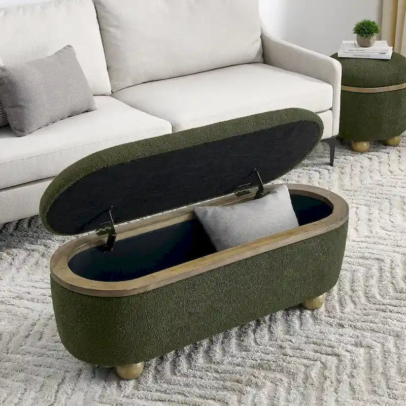 Dark Green Upholstered Storage Ottoman Bench with Boucle Fabric and Wood Legs