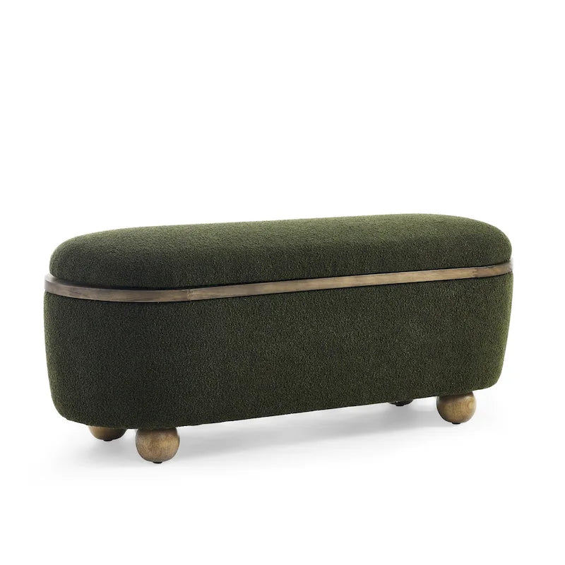 Dark Green Upholstered Storage Ottoman Bench with Boucle Fabric and Wood Legs