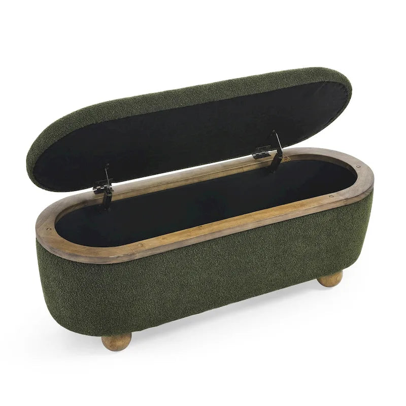 Dark Green Upholstered Storage Ottoman Bench with Boucle Fabric and Wood Legs