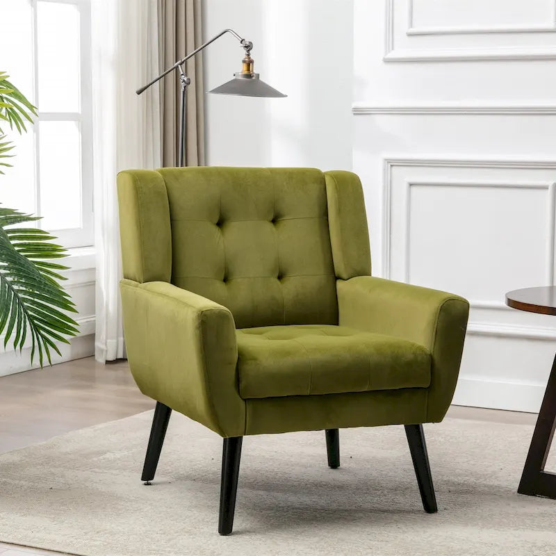 Green Velvet Upholstered Accent Chair with Padded Seat Curved Back Black Legs