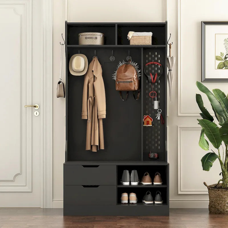 Black Entryway Hall Tree with Coat Hooks Shoe Storage and Drawers