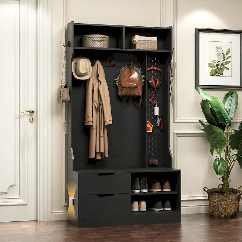 Black Entryway Hall Tree with Coat Hooks Shoe Storage and Drawers