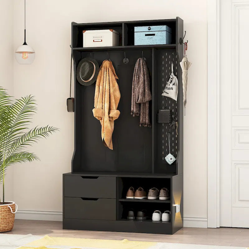 Black Entryway Hall Tree with Coat Hooks Shoe Storage and Drawers