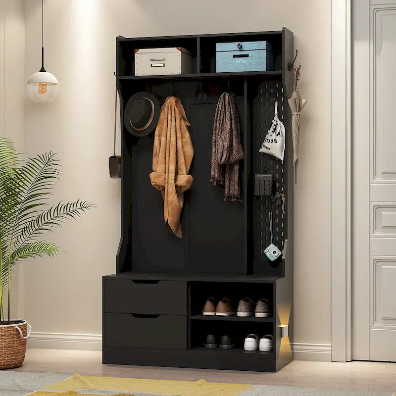 Black Entryway Hall Tree with Coat Hooks Shoe Storage and Drawers