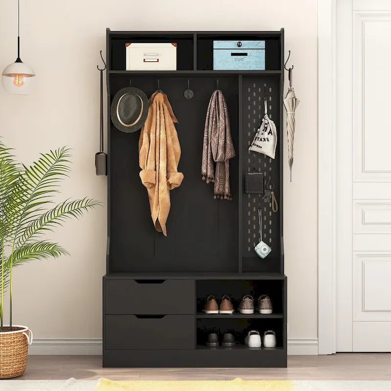 Black Entryway Hall Tree with Coat Hooks Shoe Storage and Drawers
