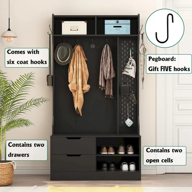 Black Entryway Hall Tree with Coat Hooks Shoe Storage and Drawers