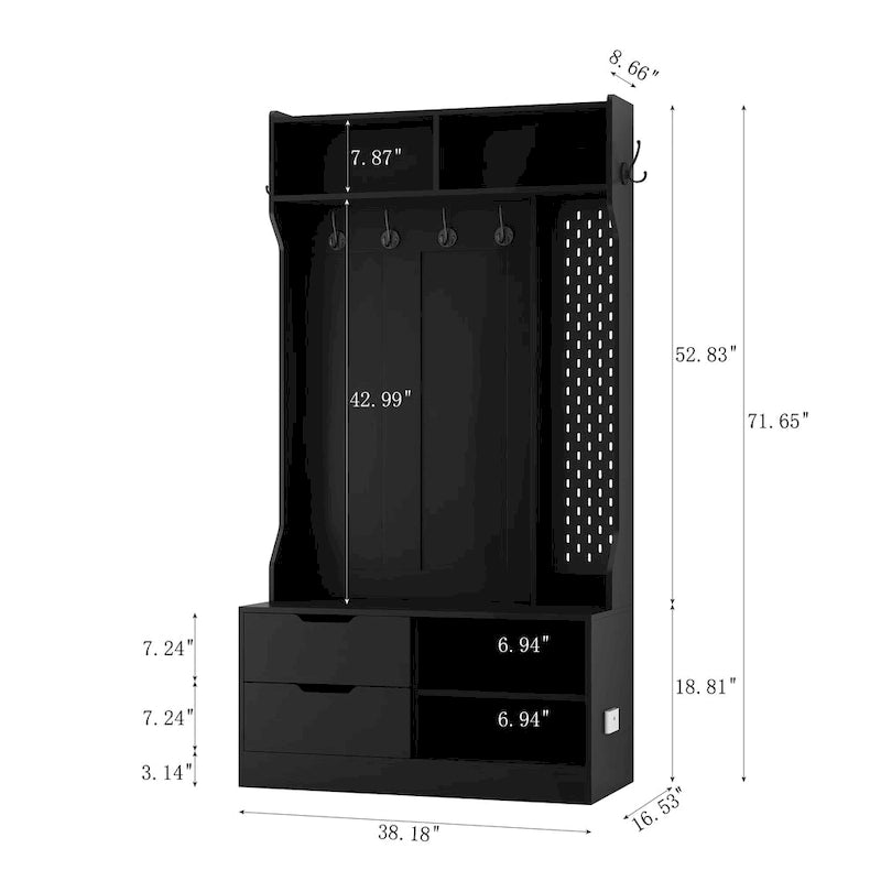 Black Entryway Hall Tree with Coat Hooks Shoe Storage and Drawers