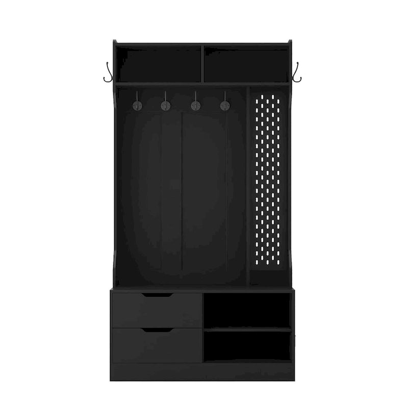 Black Entryway Hall Tree with Coat Hooks Shoe Storage and Drawers