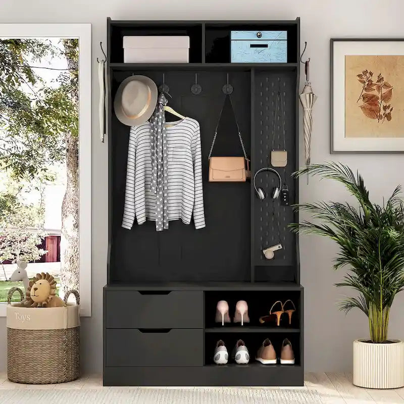 Black Entryway Hall Tree with Coat Hooks Shoe Storage and Drawers