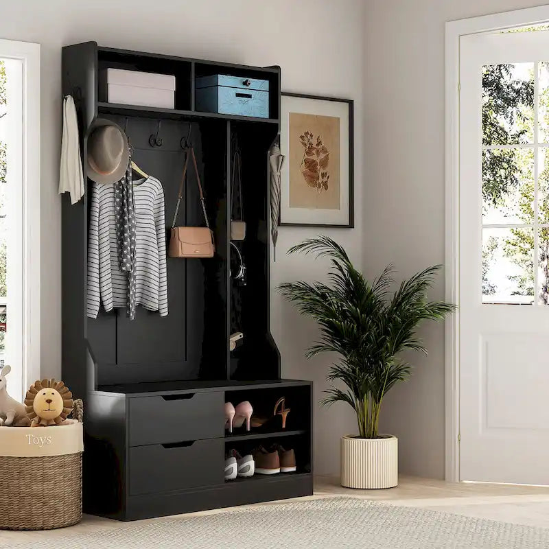 Black Entryway Hall Tree with Coat Hooks Shoe Storage and Drawers