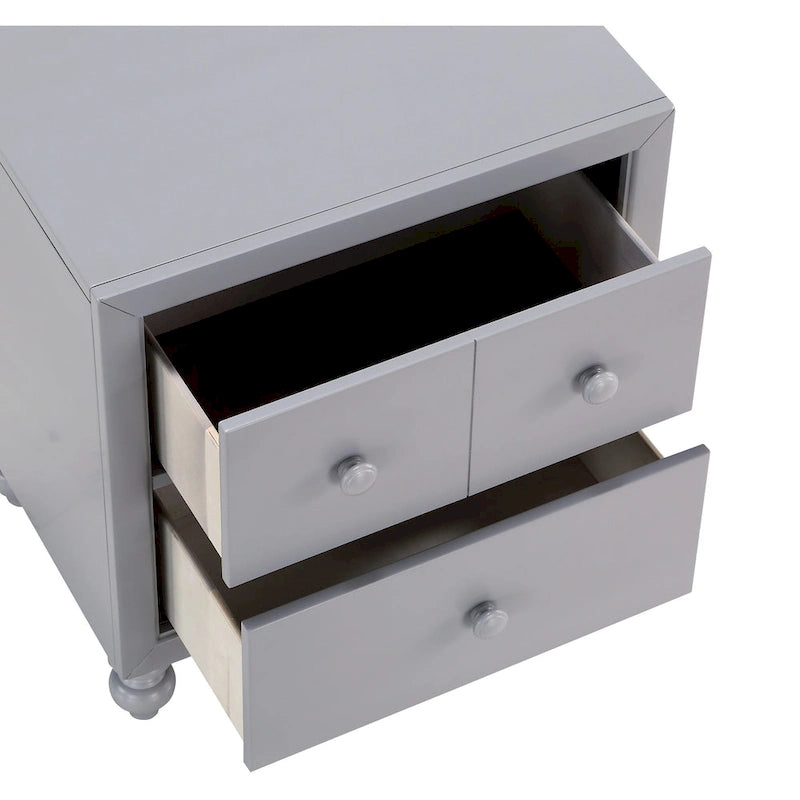 Gray Wood Nightstand with 3 Drawers Round Knobs Turned Legs