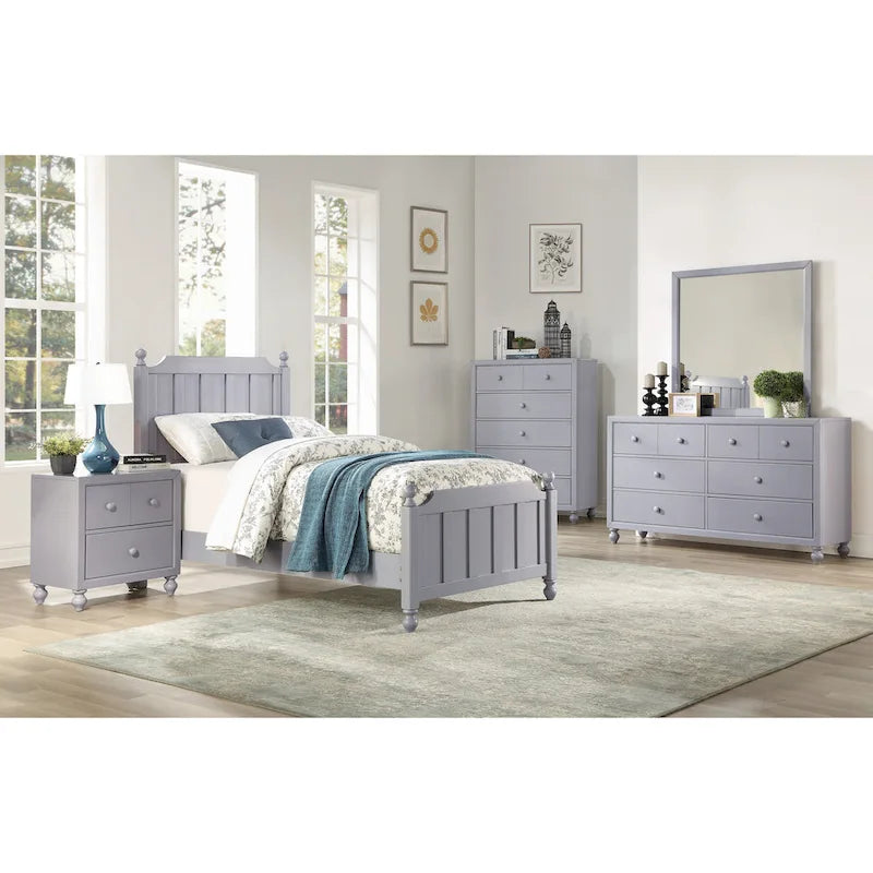 Gray Wood Nightstand with 3 Drawers Round Knobs Turned Legs
