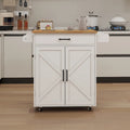 White Rolling Kitchen Island Cart with Rubber Wood Top, Drawer and Cabinet Doors