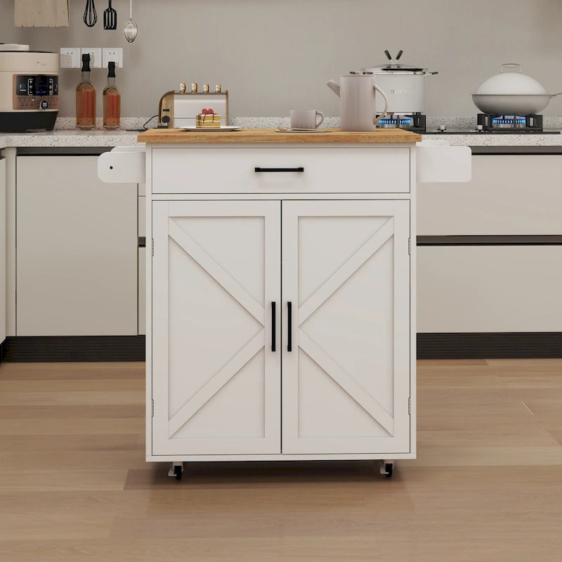 White Rolling Kitchen Island Cart with Rubber Wood Top, Drawer and Cabinet Doors