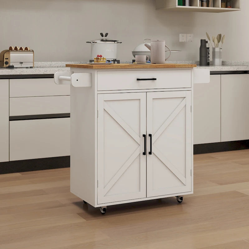White Rolling Kitchen Island Cart with Rubber Wood Top, Drawer and Cabinet Doors