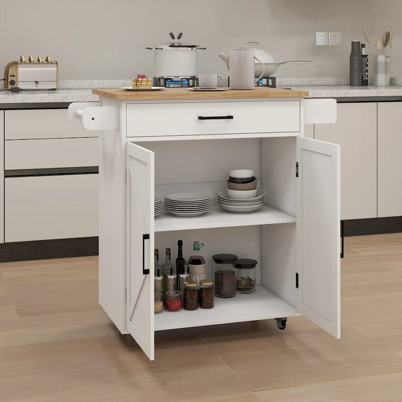 White Rolling Kitchen Island Cart with Rubber Wood Top, Drawer and Cabinet Doors