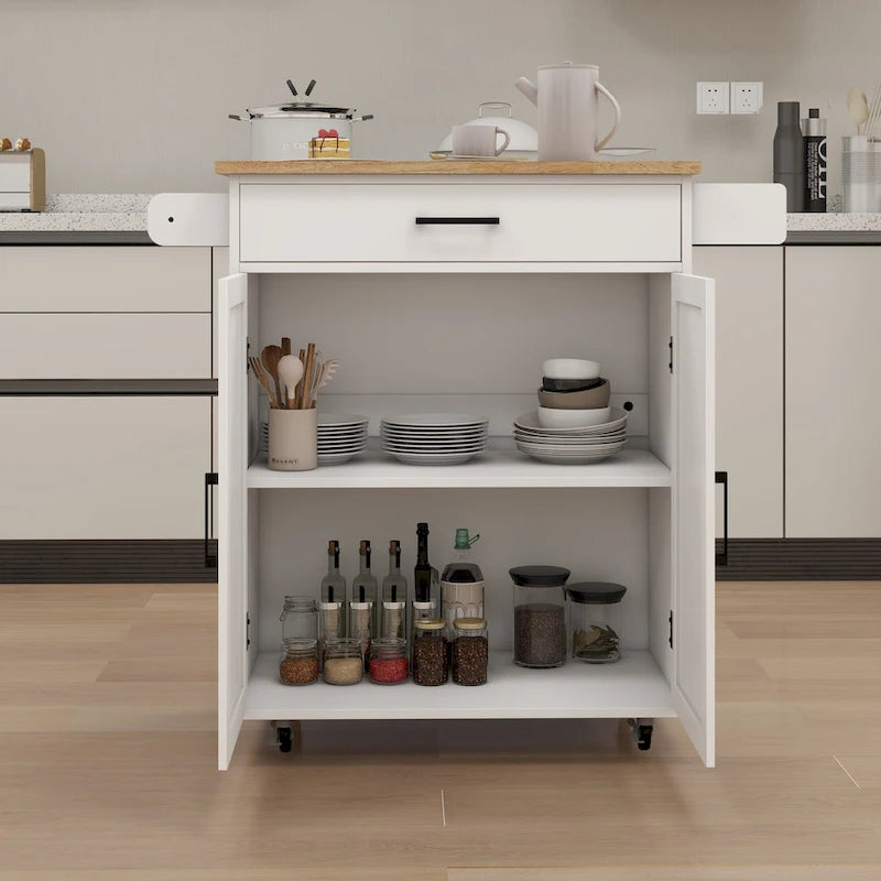 White Rolling Kitchen Island Cart with Rubber Wood Top, Drawer and Cabinet Doors