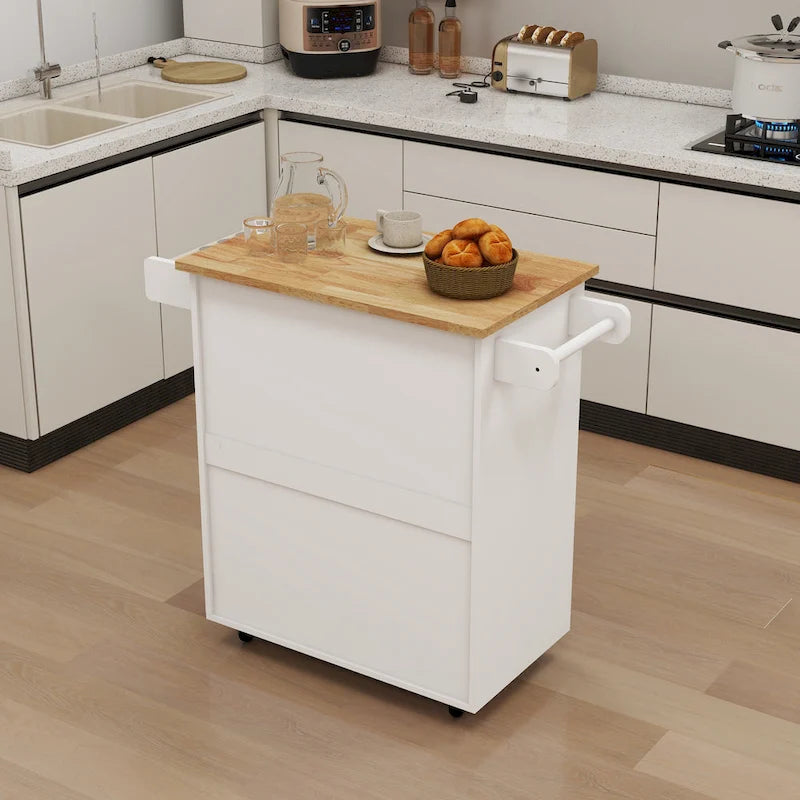 White Rolling Kitchen Island Cart with Rubber Wood Top, Drawer and Cabinet Doors