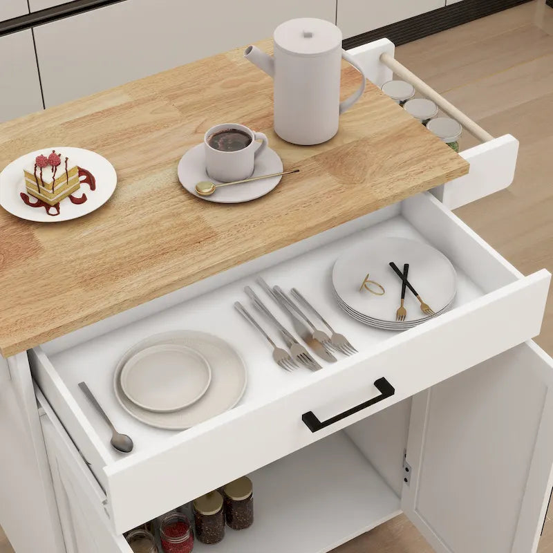 White Rolling Kitchen Island Cart with Rubber Wood Top, Drawer and Cabinet Doors