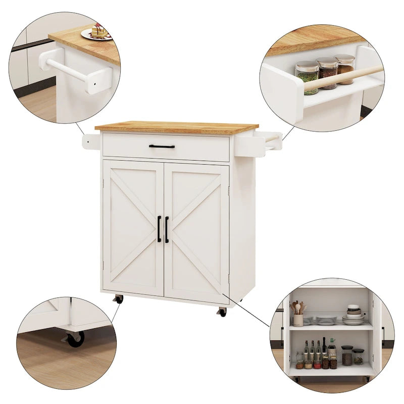 White Rolling Kitchen Island Cart with Rubber Wood Top, Drawer and Cabinet Doors