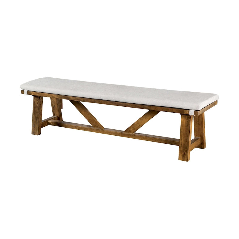 Rustic Trestle Dining Bench Solid Wood Off-White Upholstered Seat