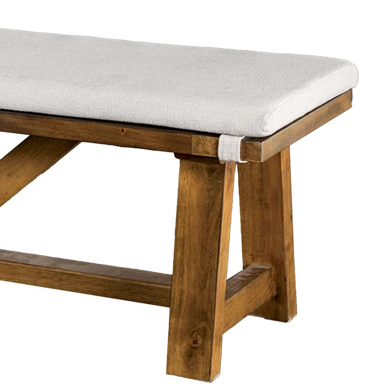 Rustic Trestle Dining Bench Solid Wood Off-White Upholstered Seat