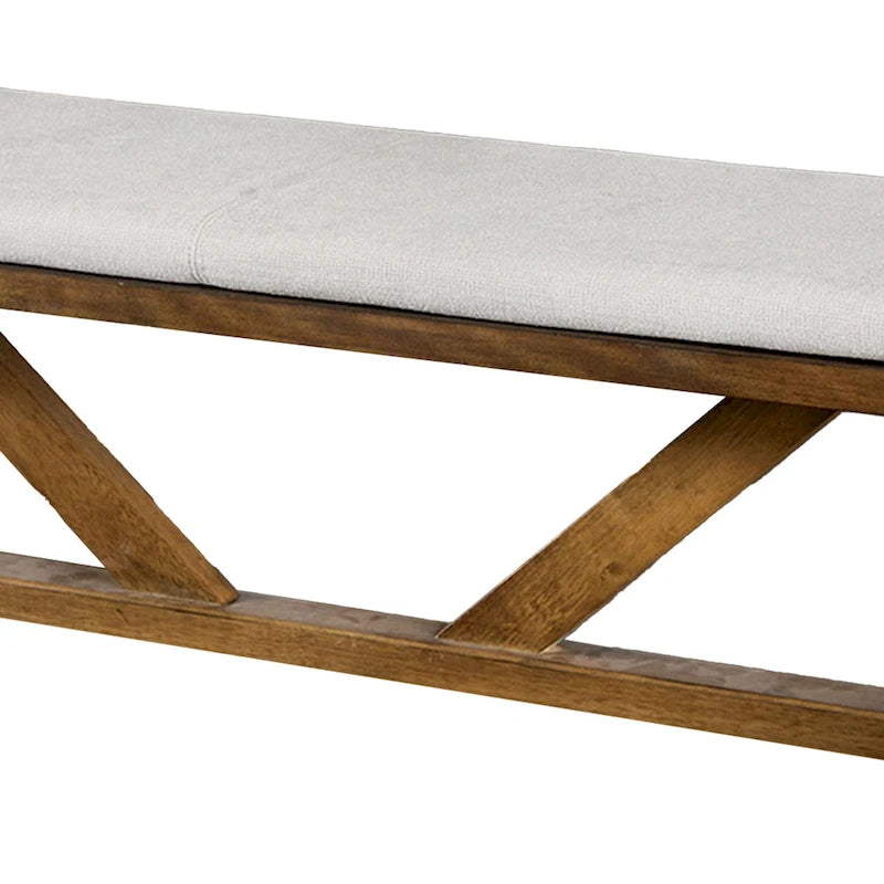 Rustic Trestle Dining Bench Solid Wood Off-White Upholstered Seat