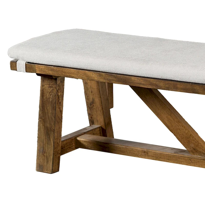 Rustic Trestle Dining Bench Solid Wood Off-White Upholstered Seat