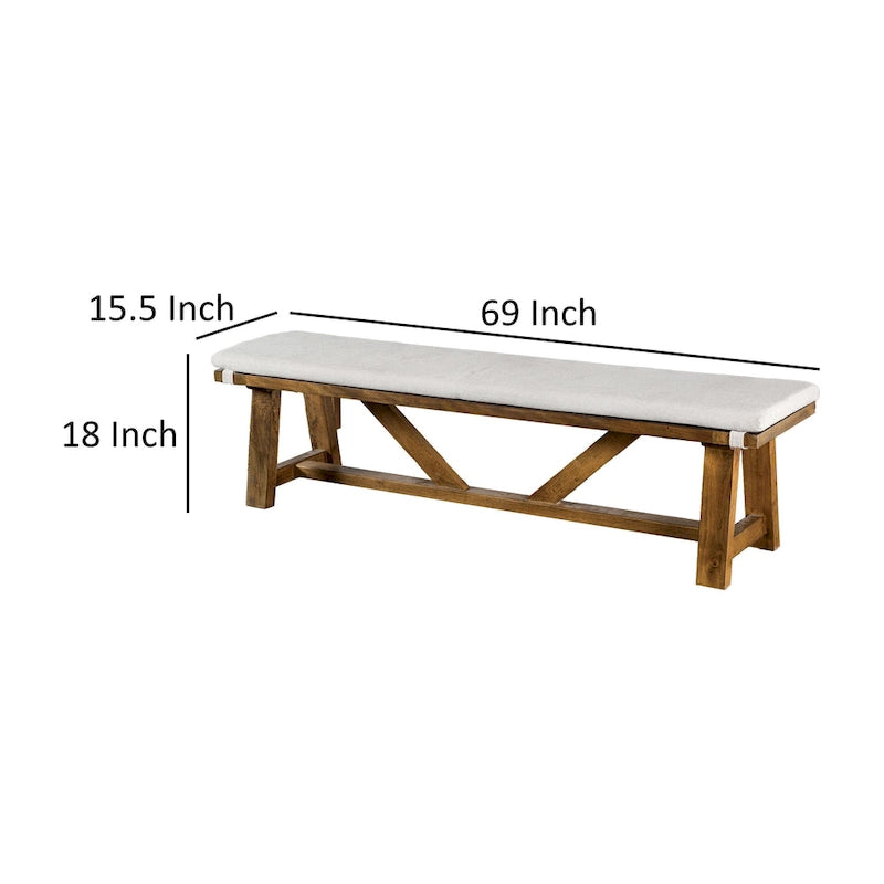 Rustic Trestle Dining Bench Solid Wood Off-White Upholstered Seat