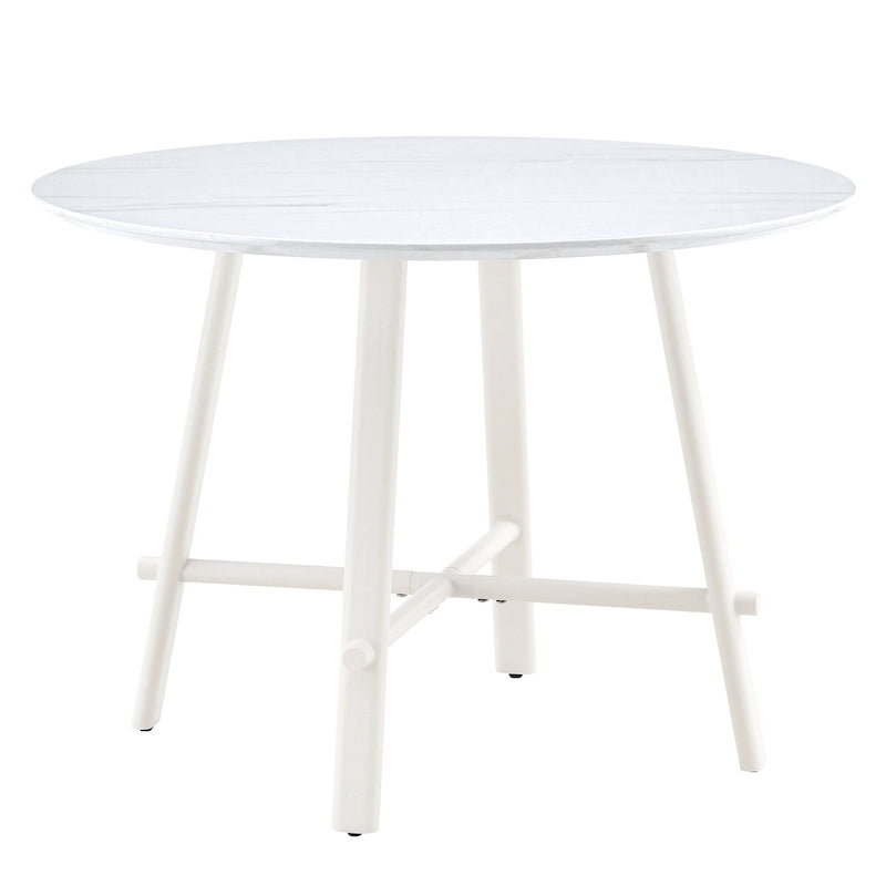Round White MDF Dining Table with Wooden Legs Minimalist Modern Style