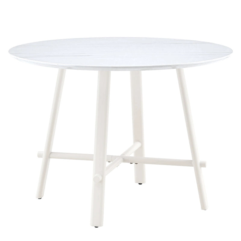Round White MDF Dining Table with Wooden Legs Minimalist Modern Style