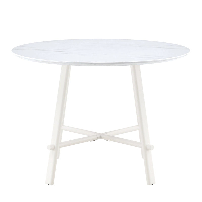 Round White MDF Dining Table with Wooden Legs Minimalist Modern Style