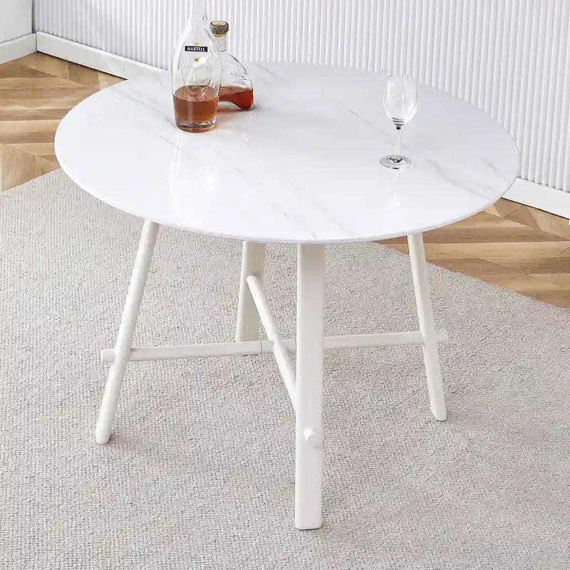 Round White MDF Dining Table with Wooden Legs Minimalist Modern Style
