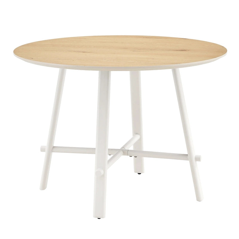 Round White MDF Dining Table with Wooden Legs Minimalist Modern Style