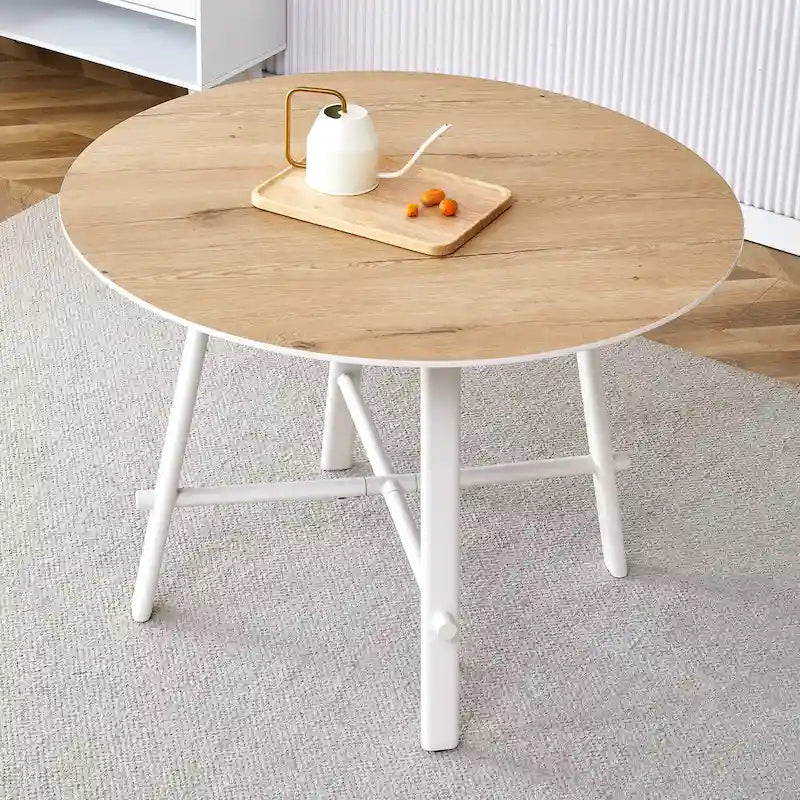 Round White MDF Dining Table with Wooden Legs Minimalist Modern Style