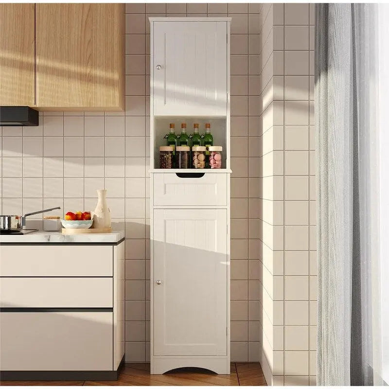 Tall White Bathroom Storage Cabinet with Doors Drawer Open Shelf