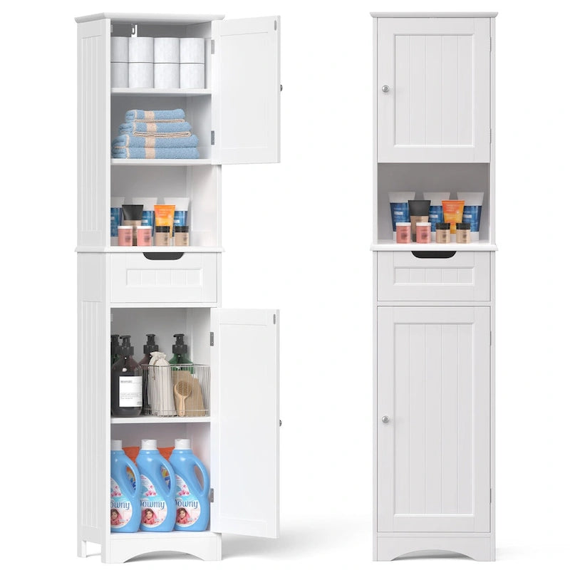 Tall White Bathroom Storage Cabinet with Doors Drawer Open Shelf