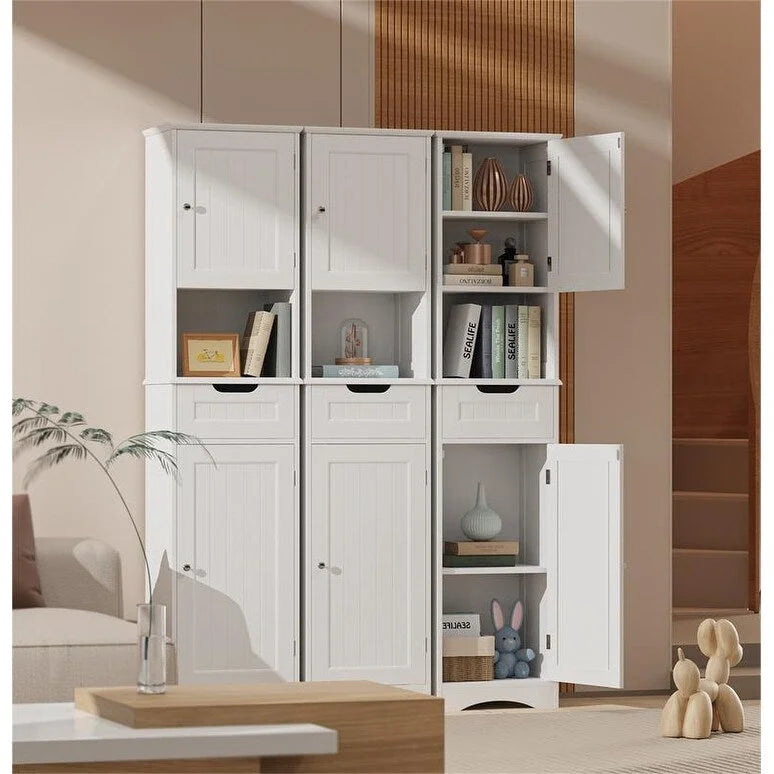 Tall White Bathroom Storage Cabinet with Doors Drawer Open Shelf