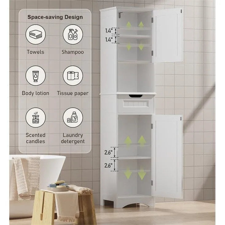 Tall White Bathroom Storage Cabinet with Doors Drawer Open Shelf