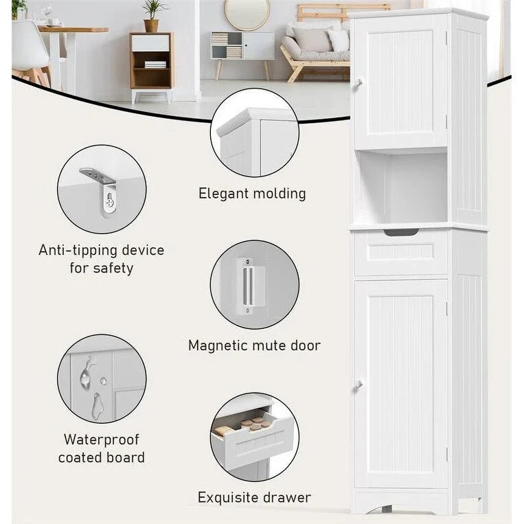 Tall White Bathroom Storage Cabinet with Doors Drawer Open Shelf