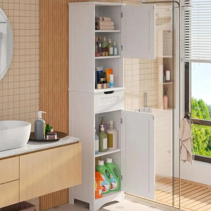 Tall White Bathroom Storage Cabinet with Doors Drawer Open Shelf